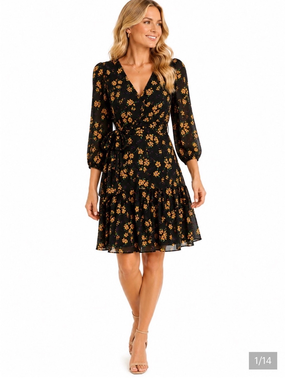 CAbi Floral Wrap Dress with mesh tie